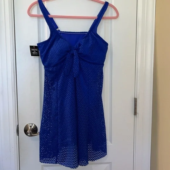 NWOT Swim Solutions COBALT BLUE Knot-Front Tummy-Control Swimdress, 16W - Picture 4 of 11
